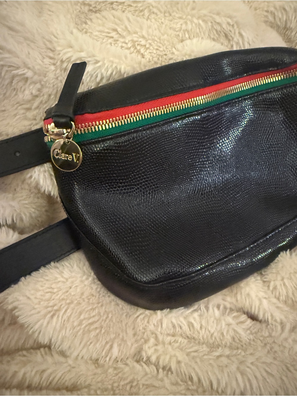 Clare V Black Leather Belt Bag with Red & Green Zip Trim